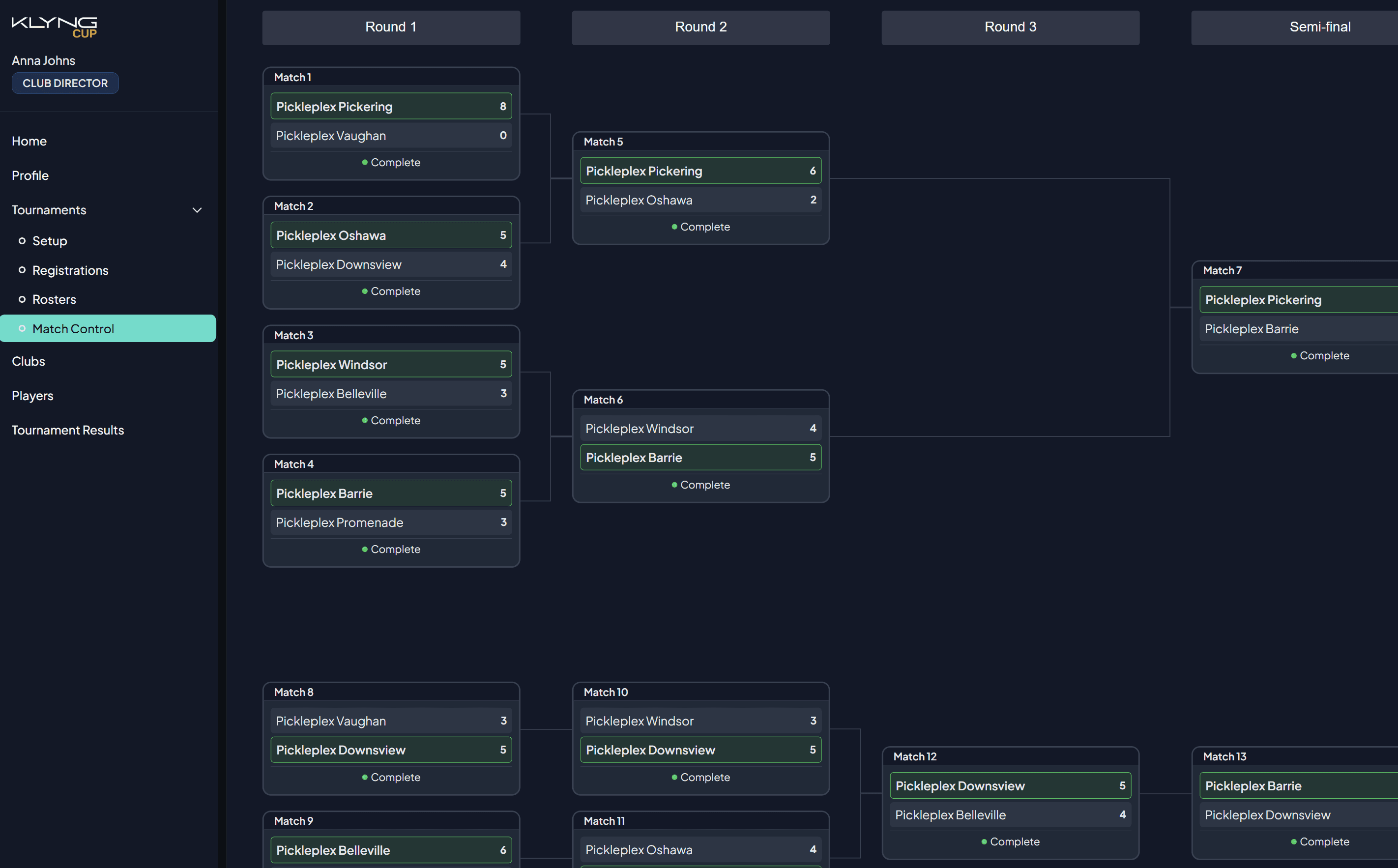Klyng Cup tournament management dashboard showing bracket view, captain portal, and live scoring interface